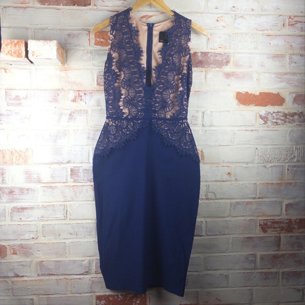 Rare London Navy Lace Overlay Cocktail Dress XL Sleeveless Bodycon Party Wear
